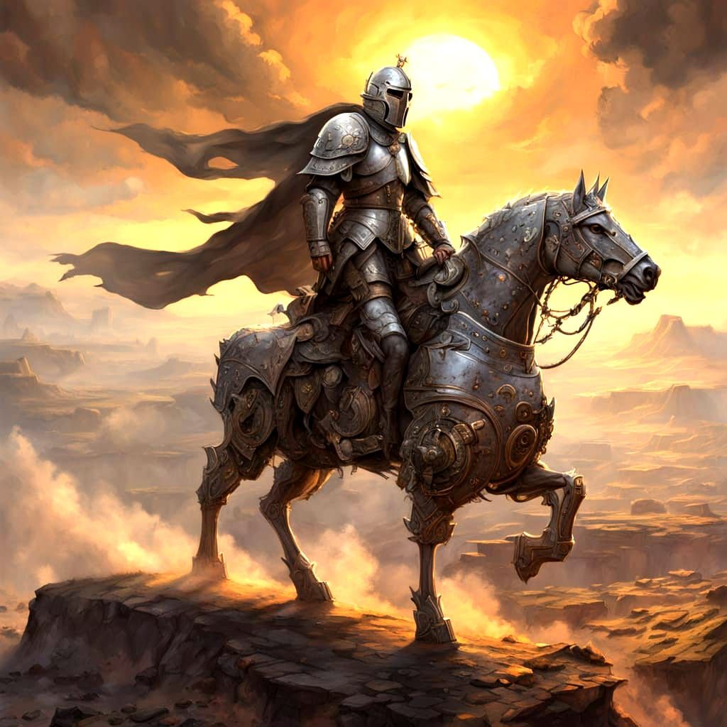 Knight on Mechanical Horse in Volcanic Wasteland