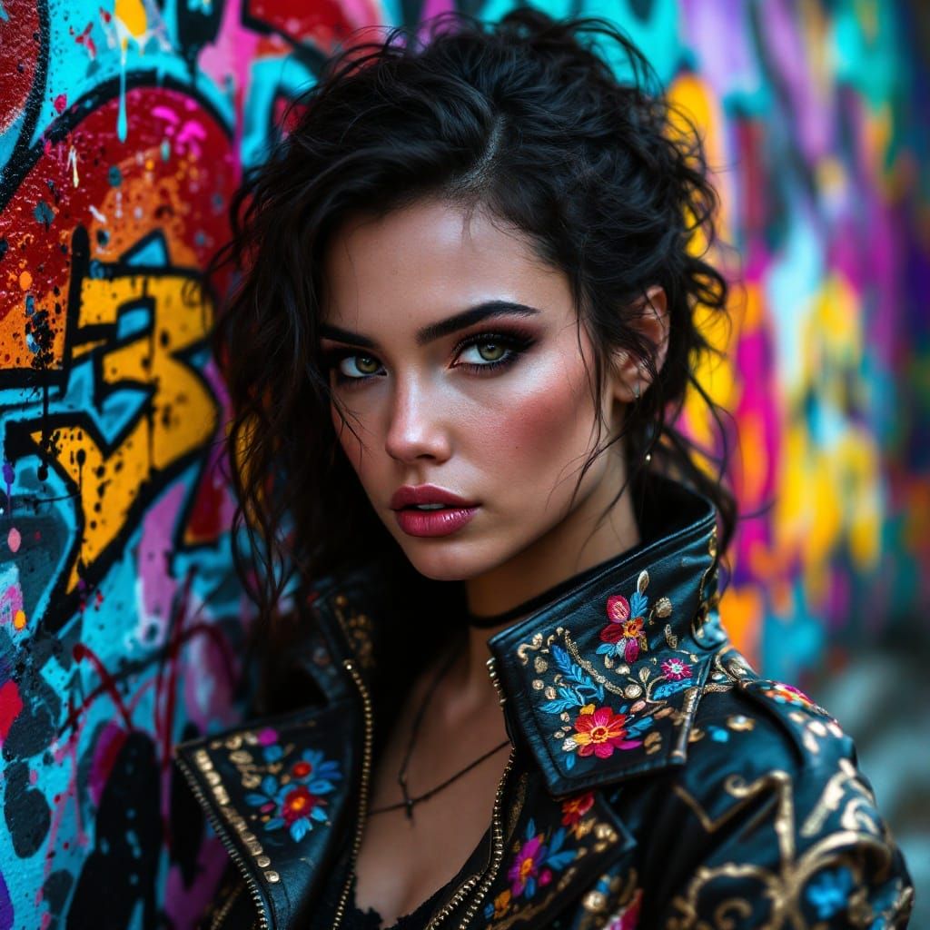 Woman in Embroidered Leather Jacket Confronts Vibrant City