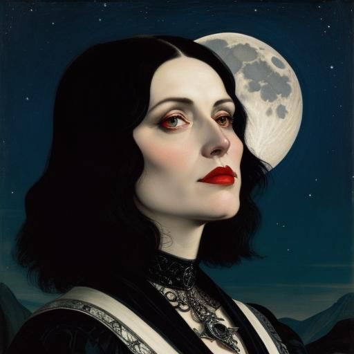 Gothic Woman Gazing at Moon in Ink Print Style