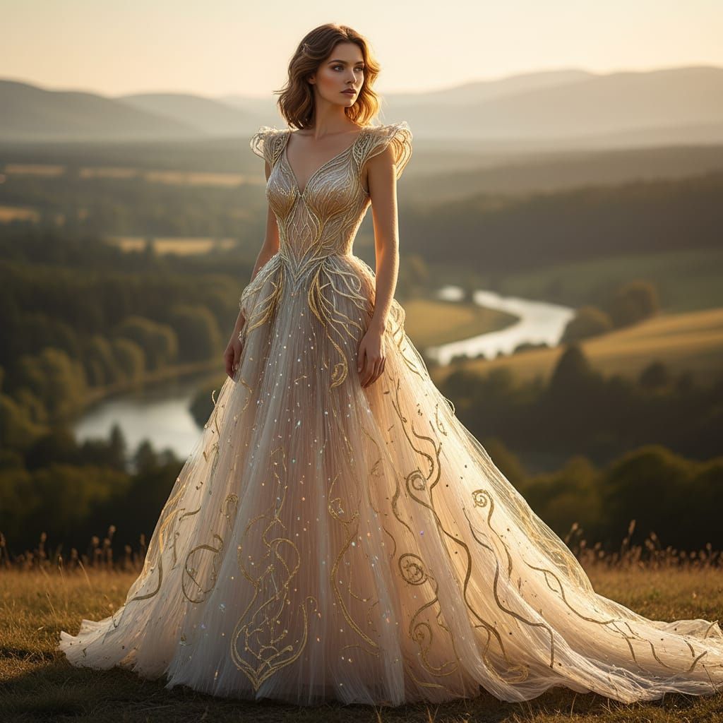 Woman in Elegant Crystal Dress at Golden Hour