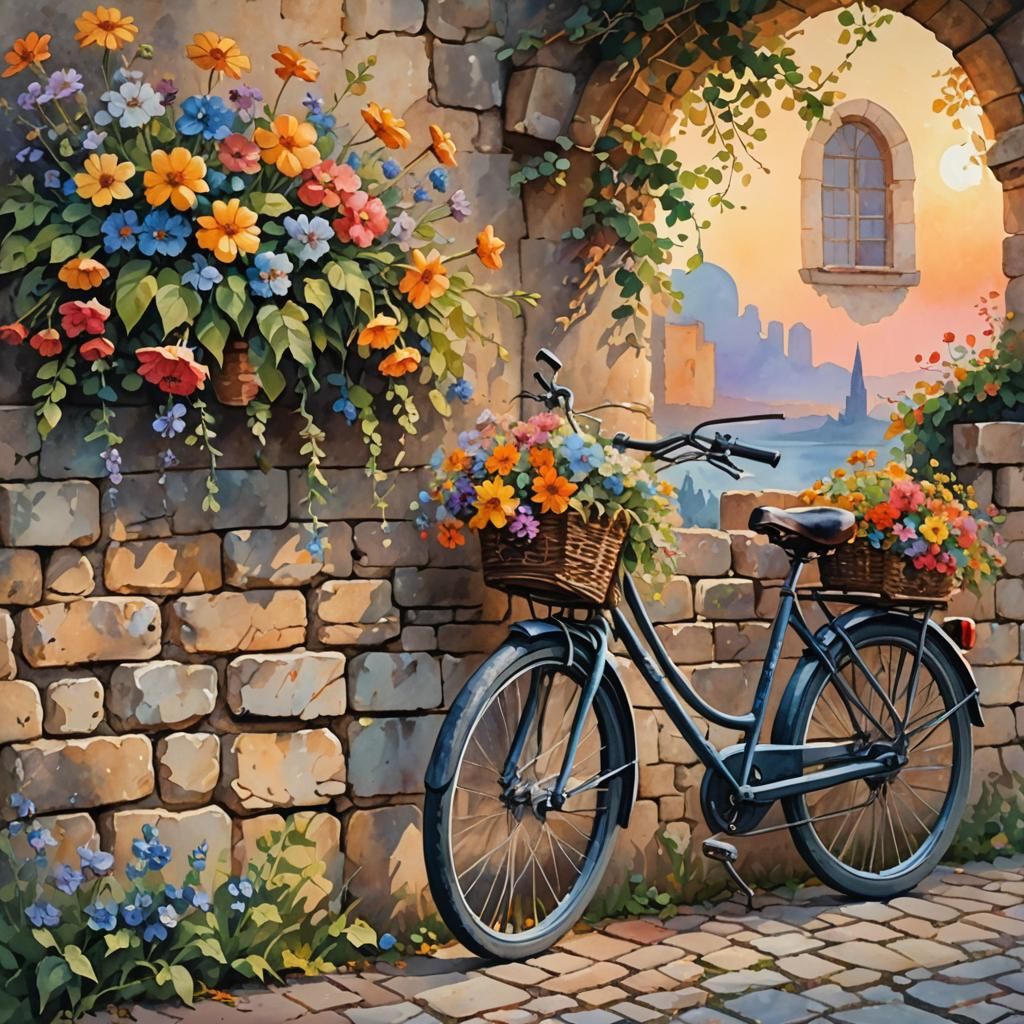 Floral Bicycle at Sunset in Impressionist Gouache Style