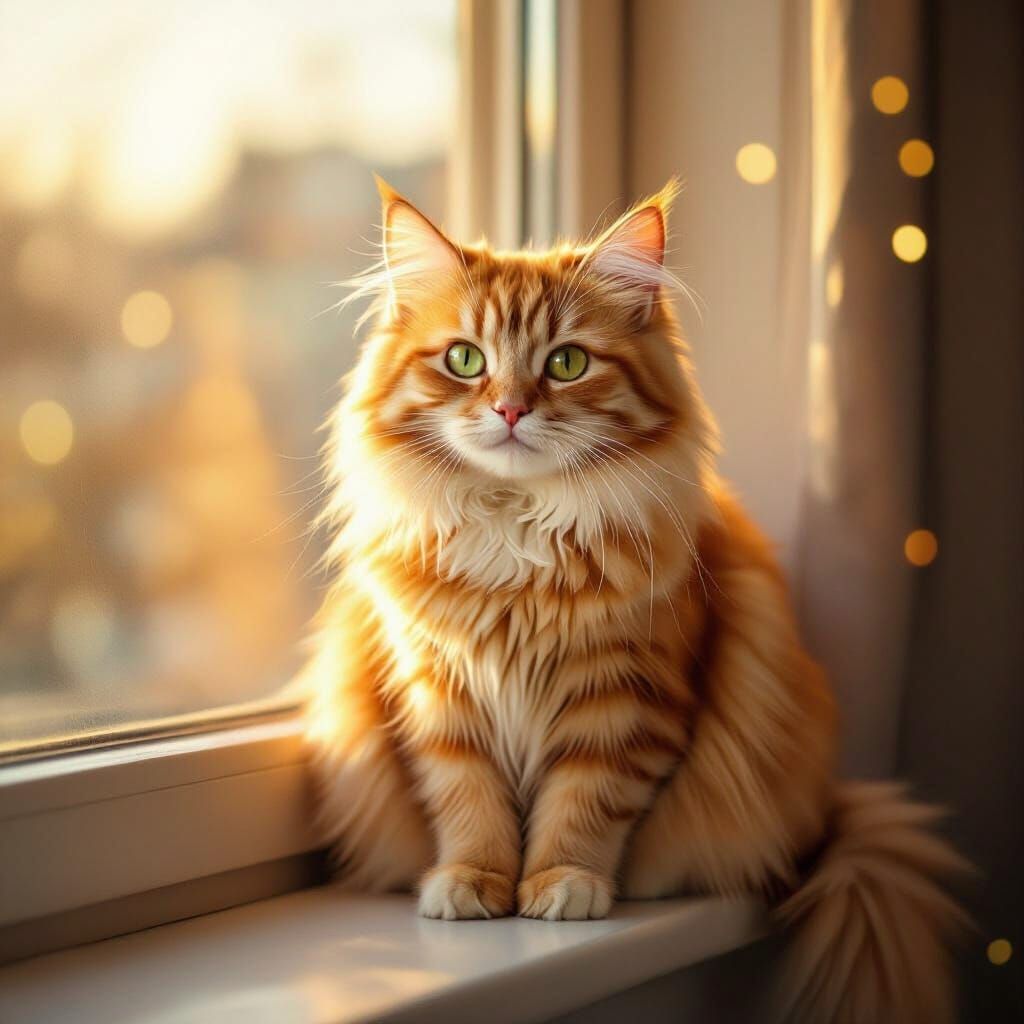Fluffy Ginger Cat with Heart Marking in Golden Hour Light