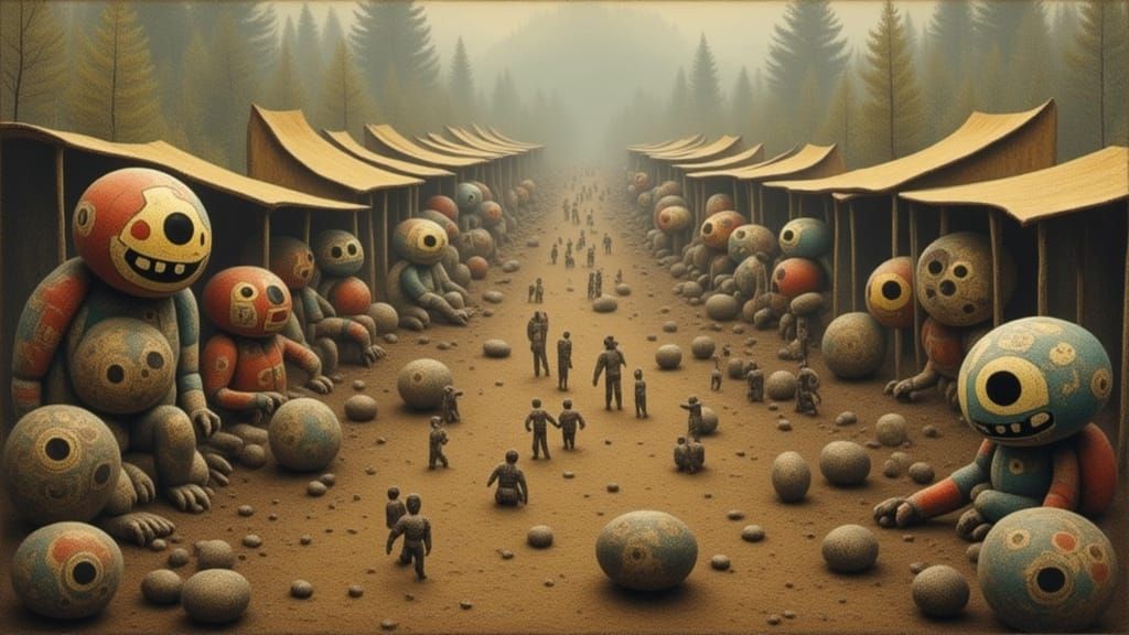 Surreal Doll Market Scene in Abstract Art Style