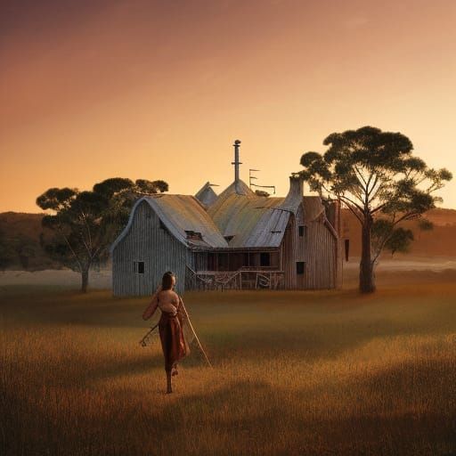 Rustic Farmhouse at Sunset in Tonalist Style