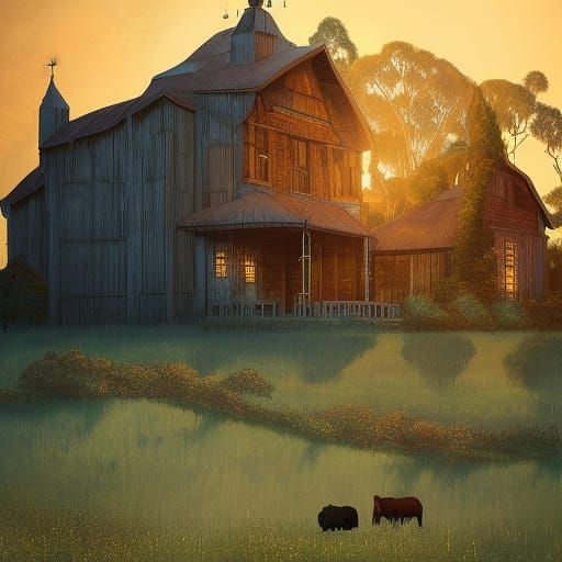 Rustic Farmhouse at Sunset in Tonalist Style