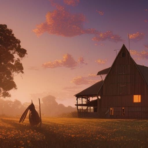 Rustic Farmhouse at Sunset in Tonalist Style