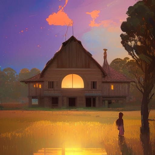 Rustic Farmhouse Sunset in Tonalist Style