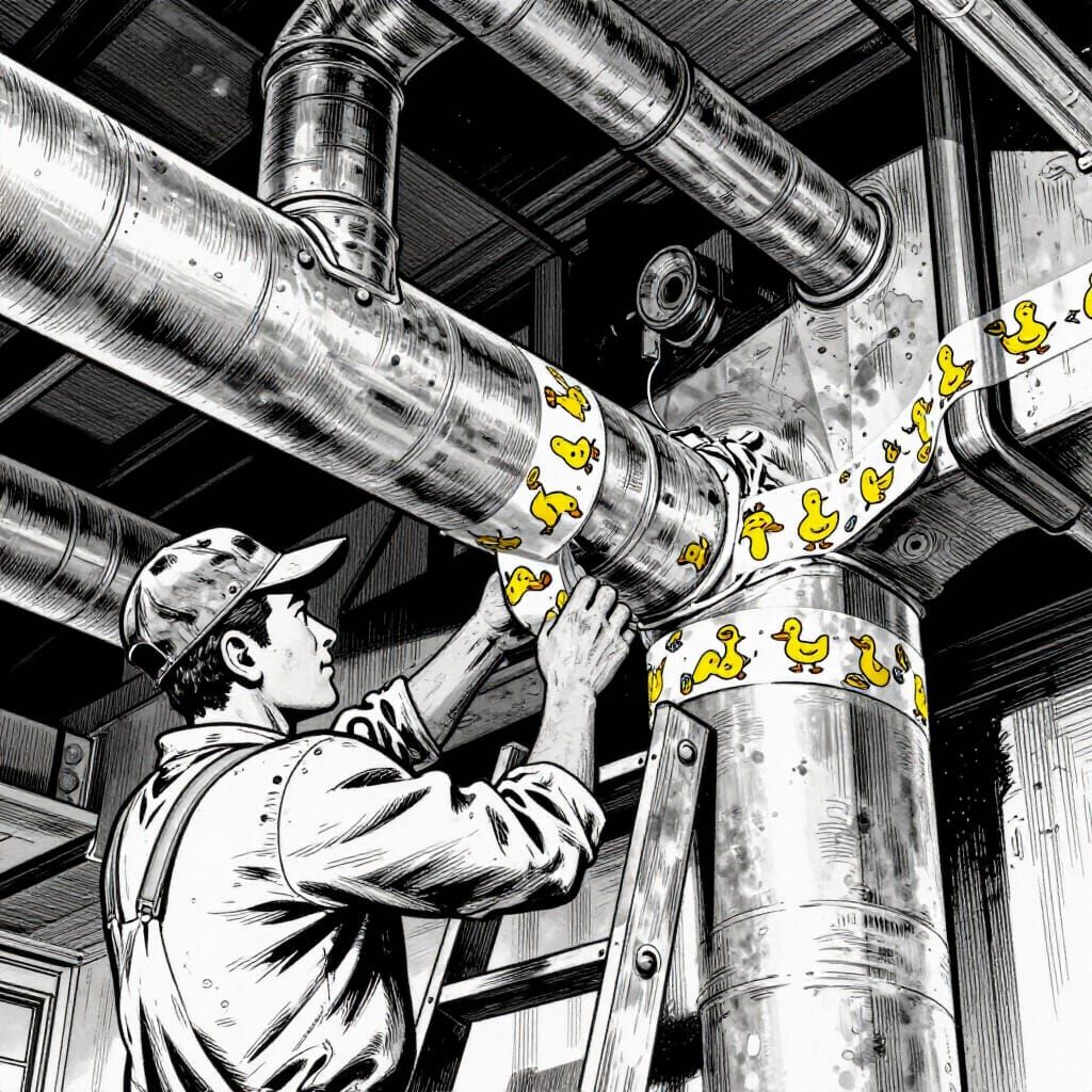 HVAC Technician Uses Duck Tape on Ductwork in Comix Style
