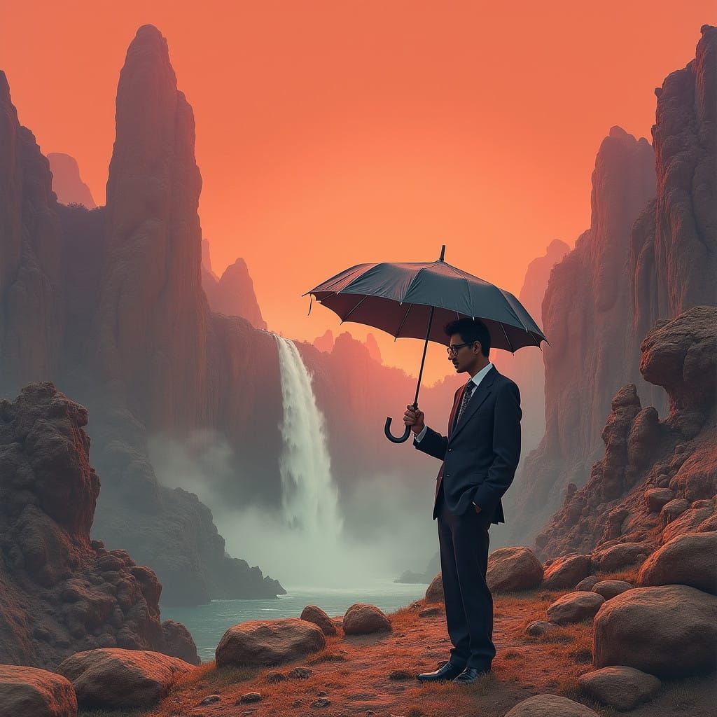 Surreal Sunset Landscape with Distorted Perspectives and Hyp...