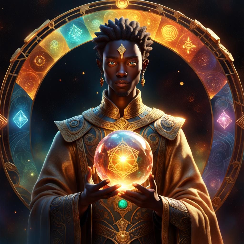 Regal Figure Holds Glowing Crystal Orb in Ethereal Light