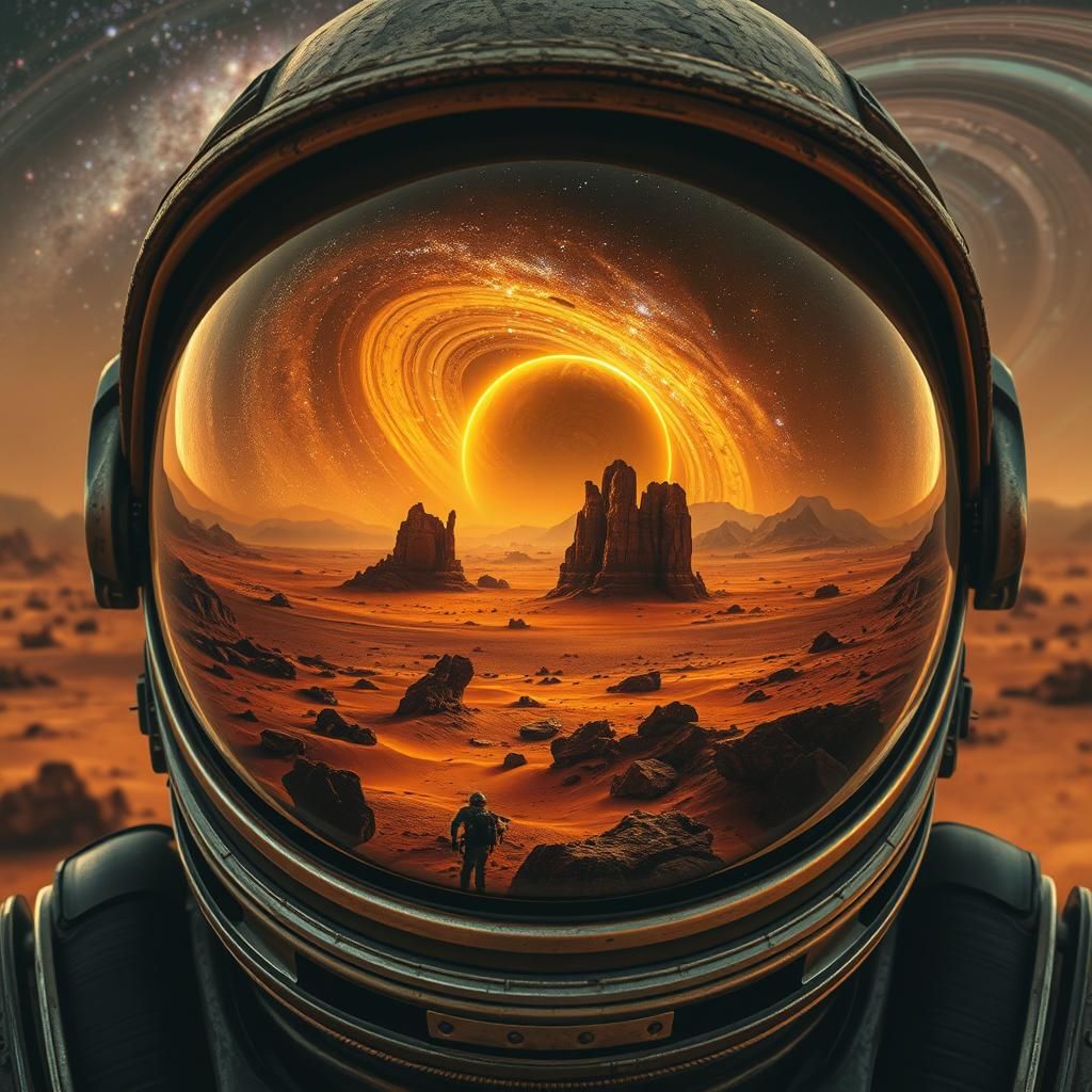 Astronaut Helmet Reflecting Barren Martian Landscape