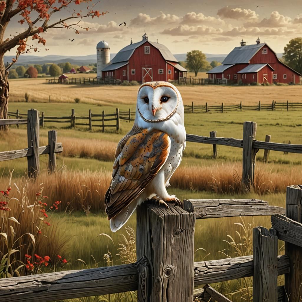 Barn Owl on Rustic Fence in Countryside