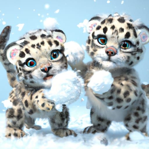 Snow Leopard Kittens Have a Snowball Fight in Dreamcore Styl...