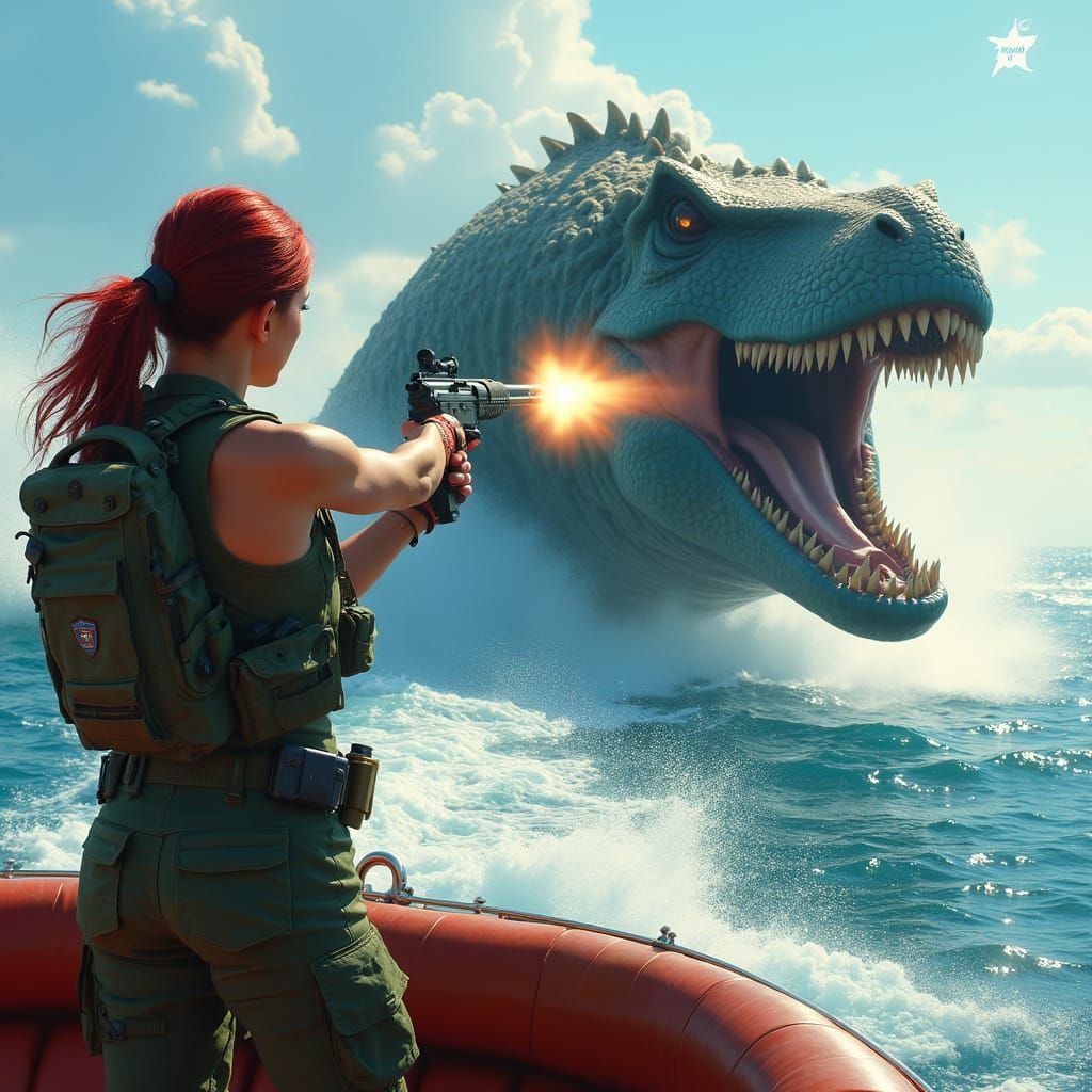 Woman Battles Mosasaur on Speedboat in Open Ocean