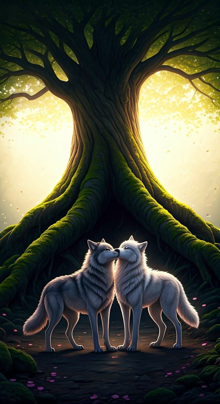 Wolves Kissing Under Ancient Tree in Dreamy Style