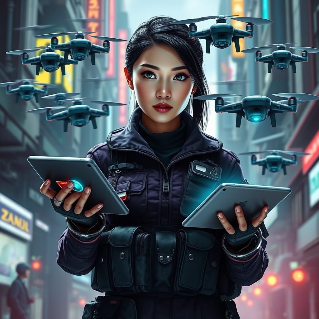 Cybernetic Warrior in Tactical Gear Controls Drones with Hol...