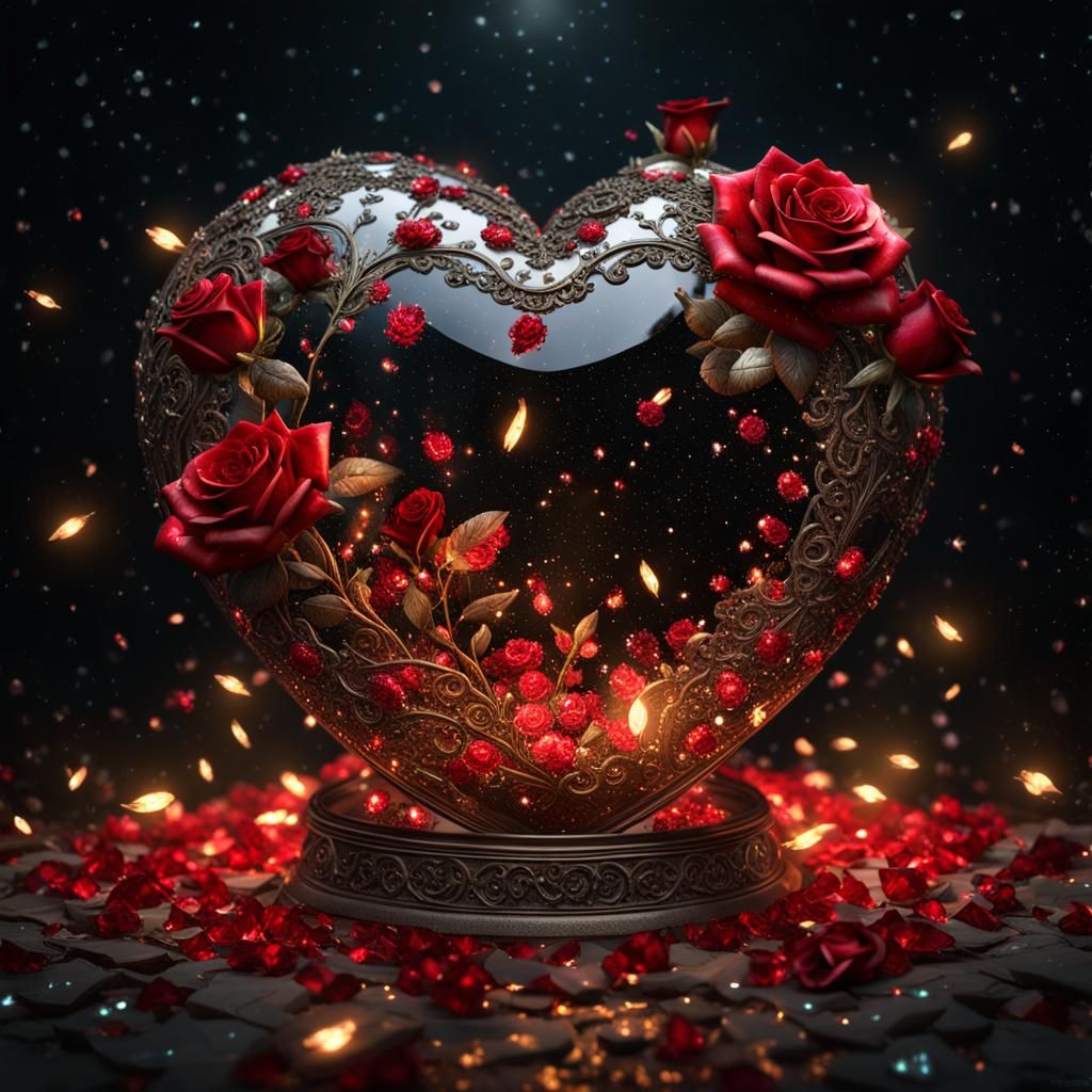 Crystalline Heart with Roses and Fireflies: Photorealistic C...