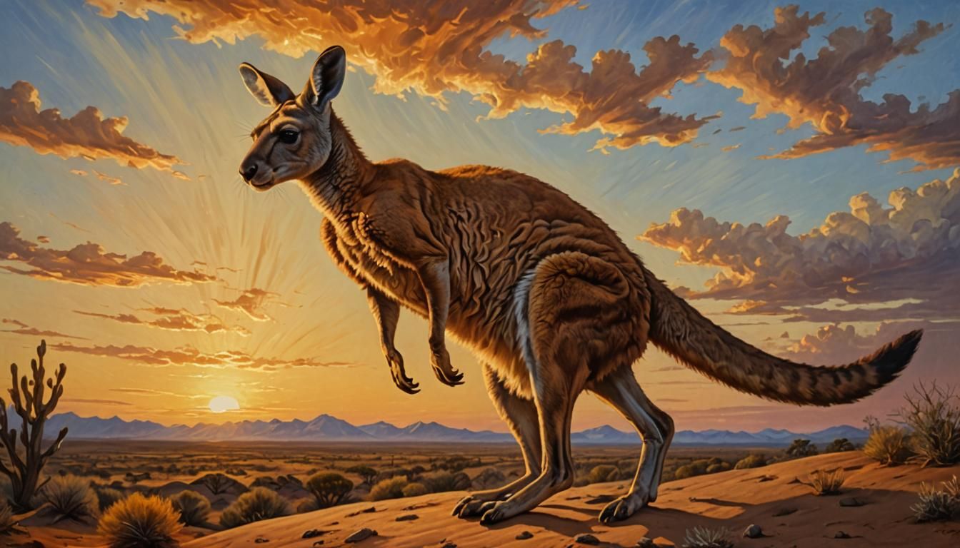 Kangaroo Leaping in Desert: Baroque Oil Painting