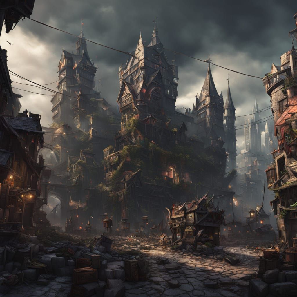 Dark Fantasy Cityscape with Half-Orc Butcher in a Gritty Met...