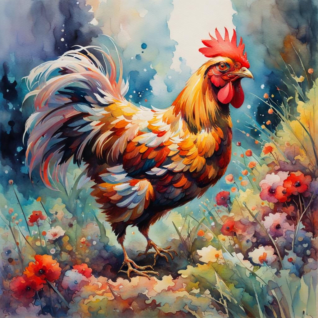 Detailed Watercolour Chicken in a Fantasy Style