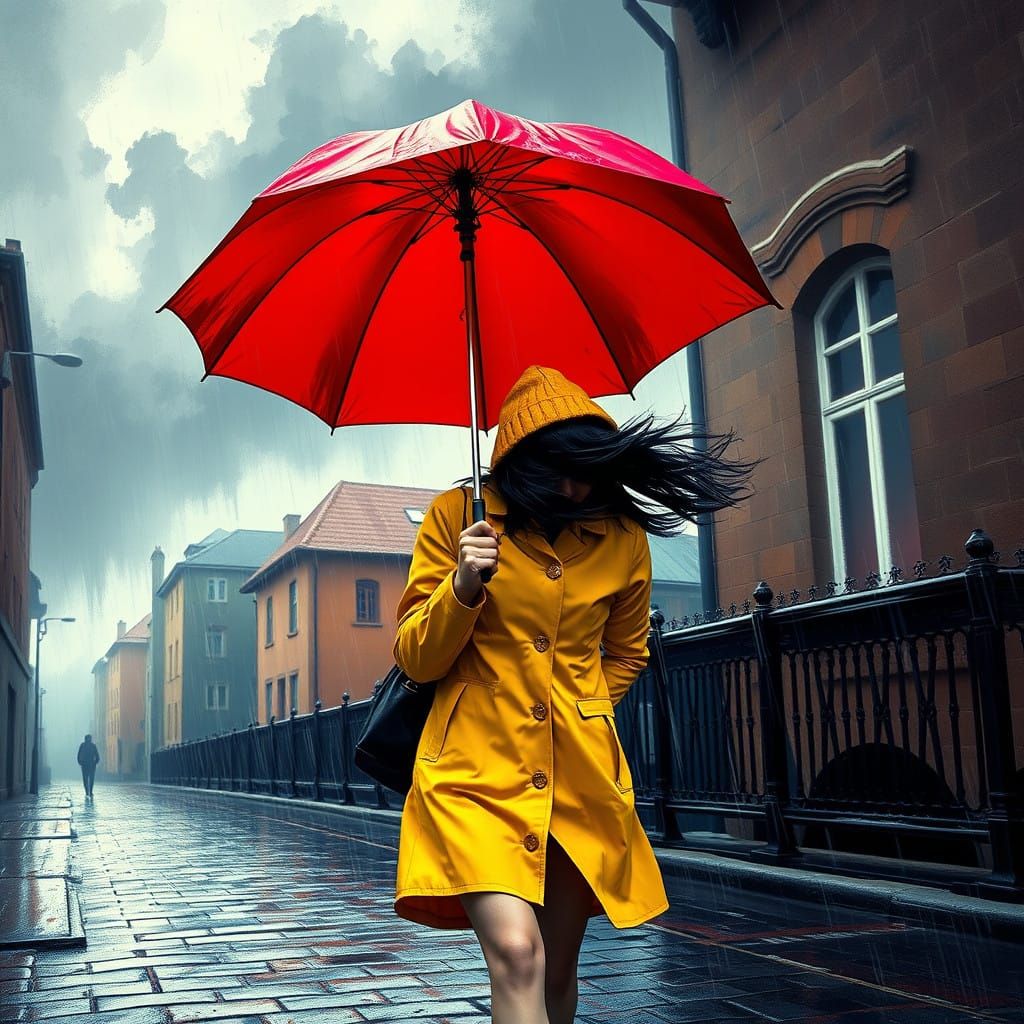 Vibrant Red Umbrella in a Wet Cobblestone Street