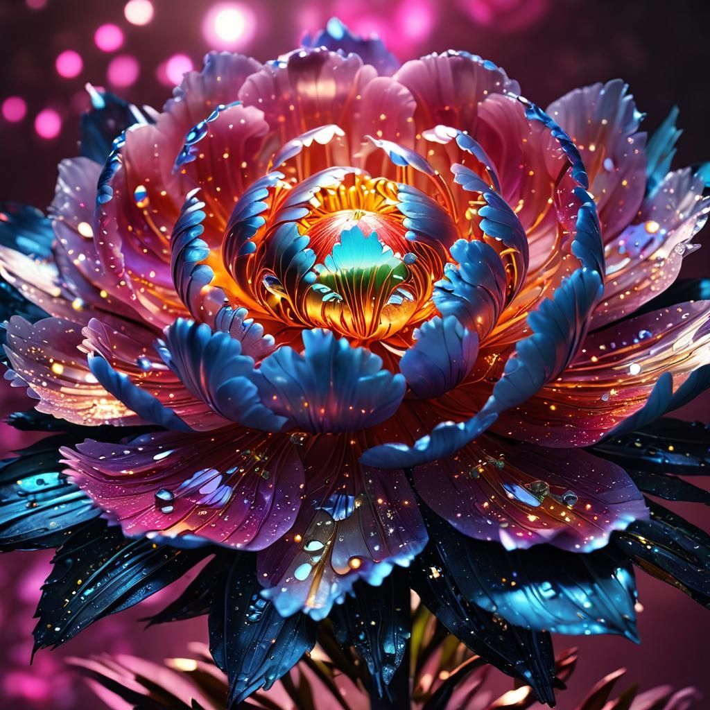 Chrome Cyborg Peony with Glowing Lights