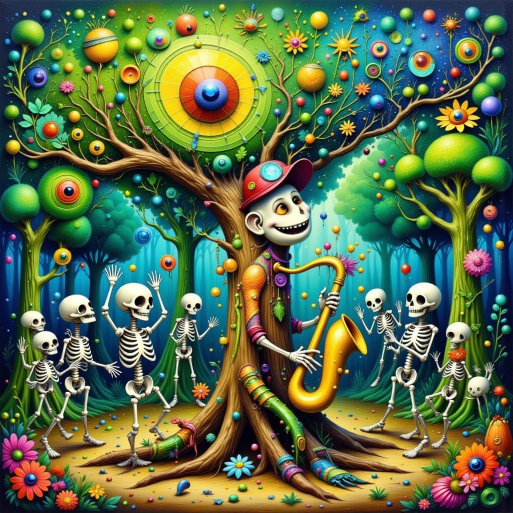 Joyful Anthropomorphic Tree Plays Saxophone in Surreal Swamp