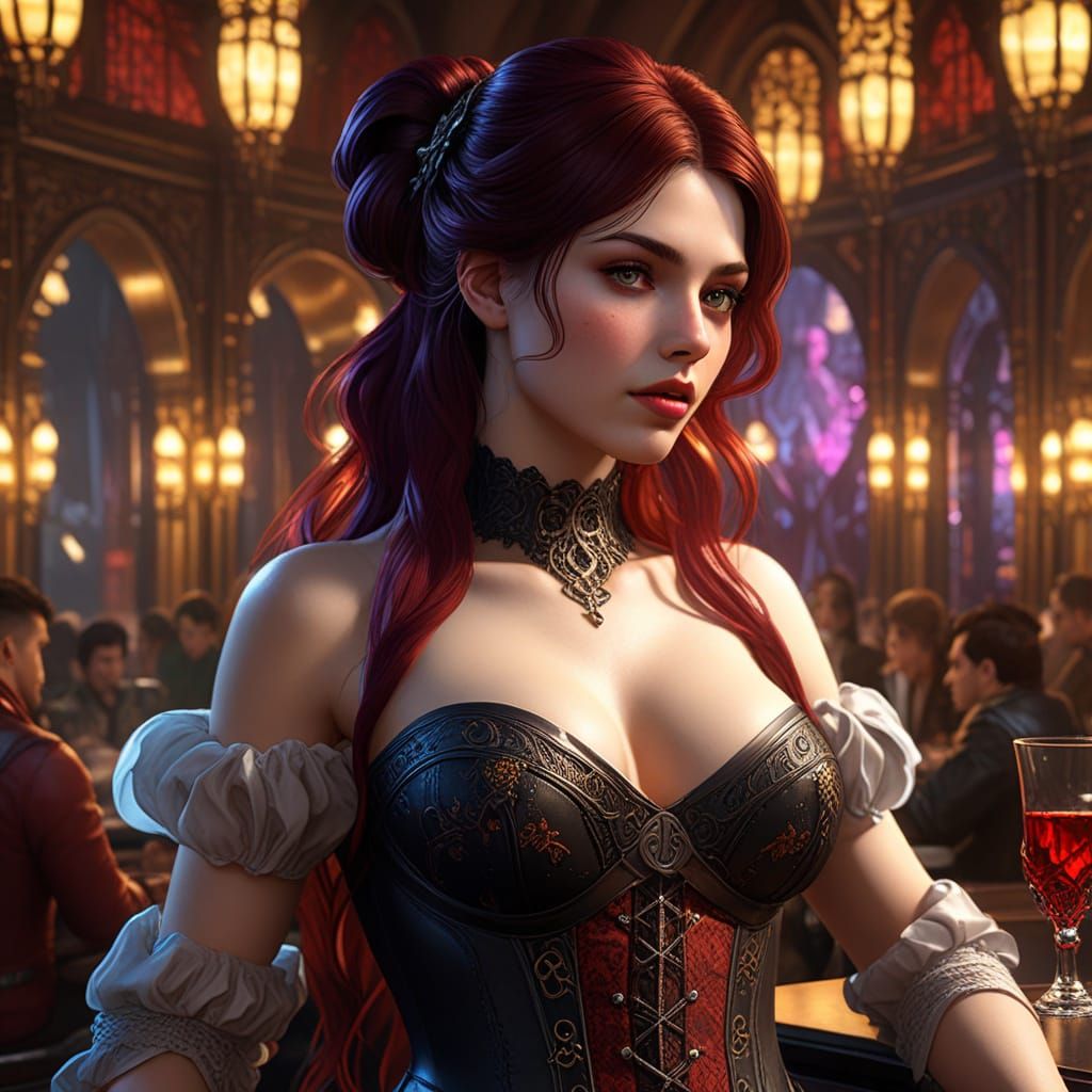 Gothic Vampire Sips Blood in Dimly Lit Nightclub