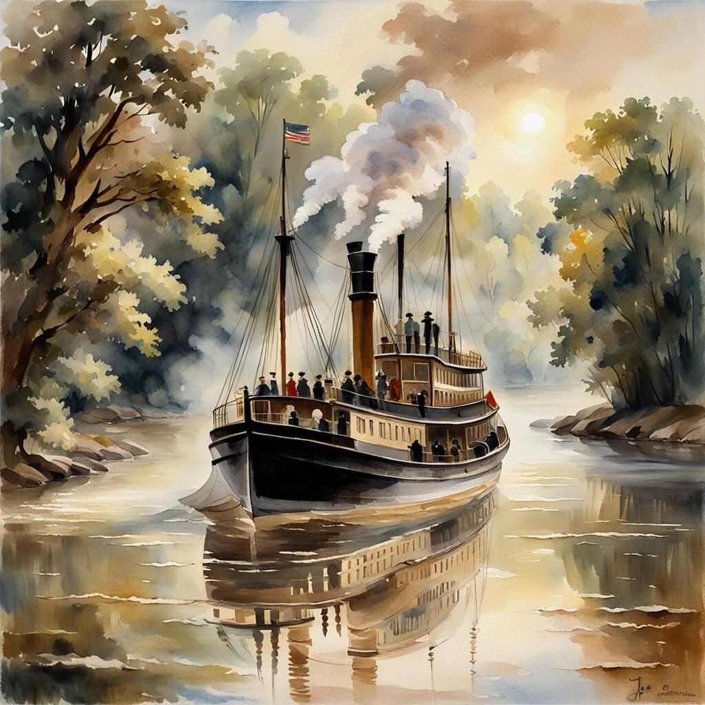 19th Century Paddle Steamer in Watercolor Style
