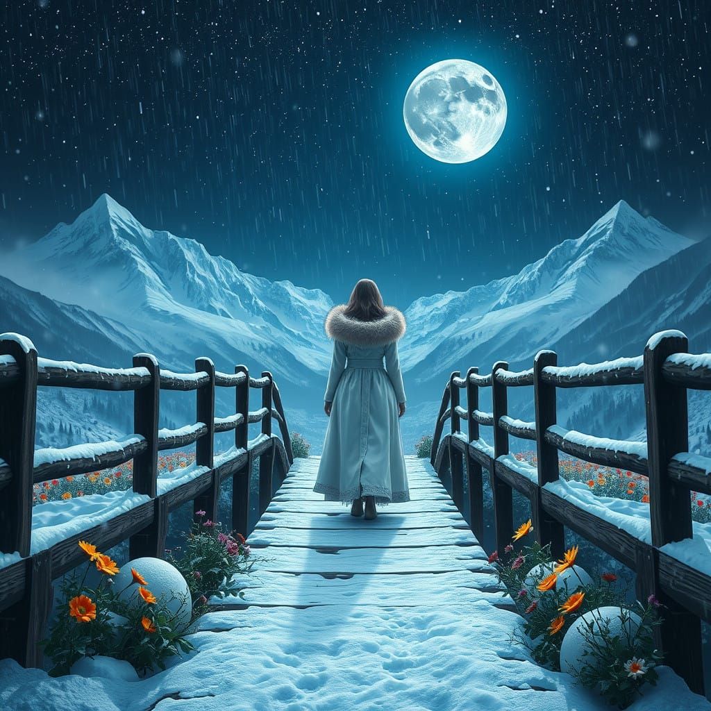 Serene Woman on Bridge Amidst Majestic Snowy Mountain Valley...