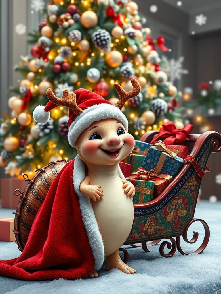 A Chubby Snail in Festive Santa Attire Enjoys a Winter Wonde...