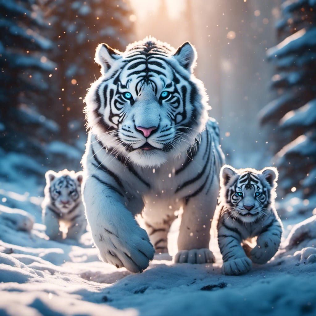 White Tiger Family Runs Through Snowy Landscape