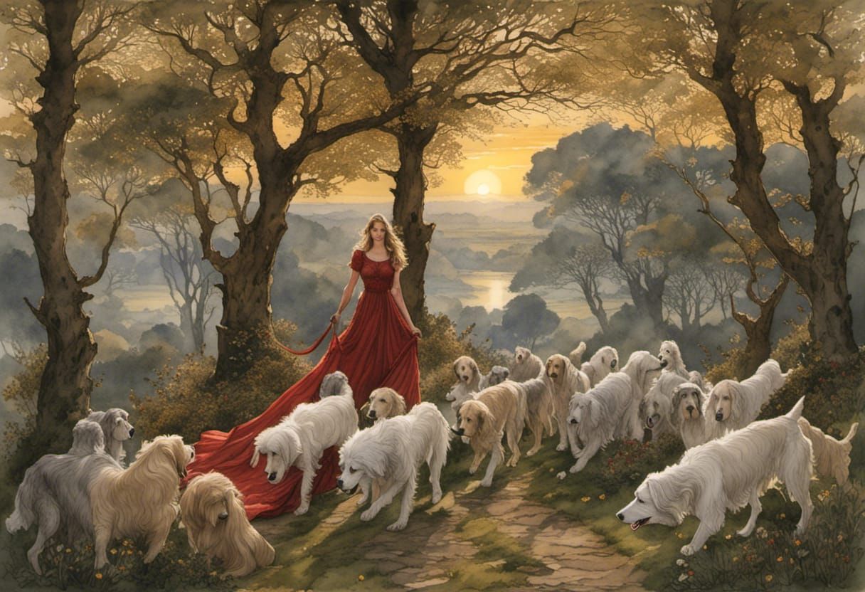 Woman in Red Dress with Wolfhound at Sunset