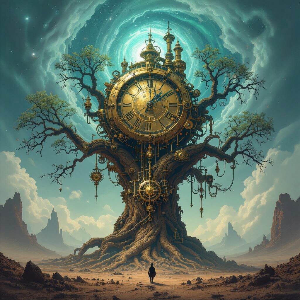 Steampunk Clockwork Tree in Alien Cosmic Landscape