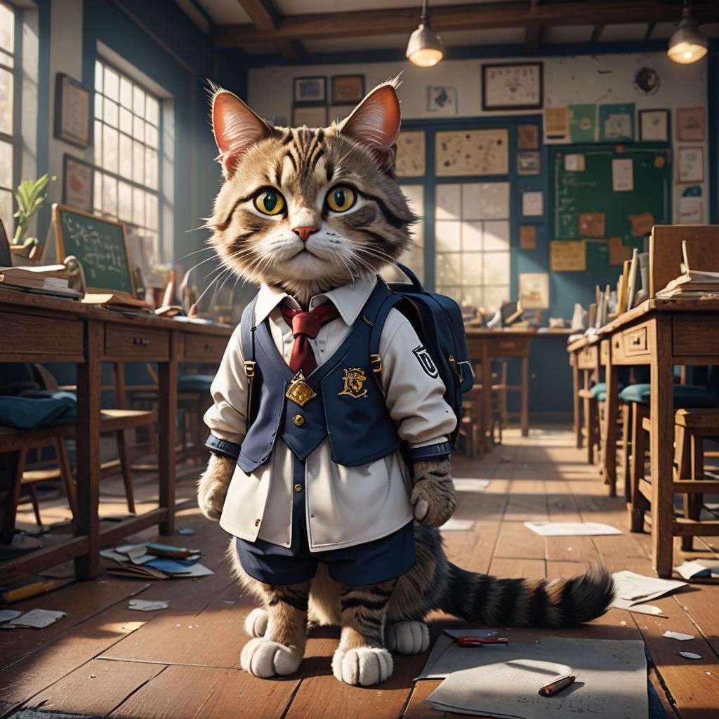 Cat in School Outfit: Detailed Matte Painting