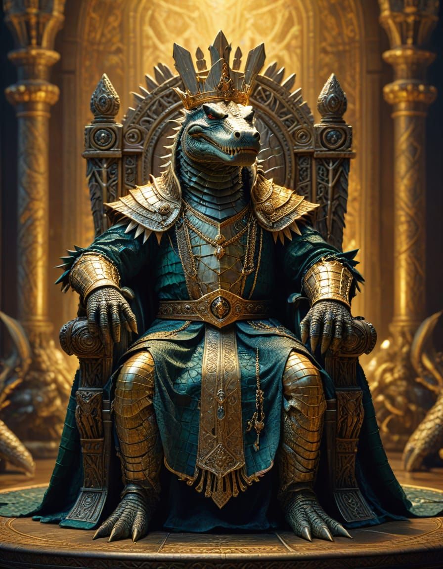 Regal Alligator King on Throne: Art Nouveau Illustration