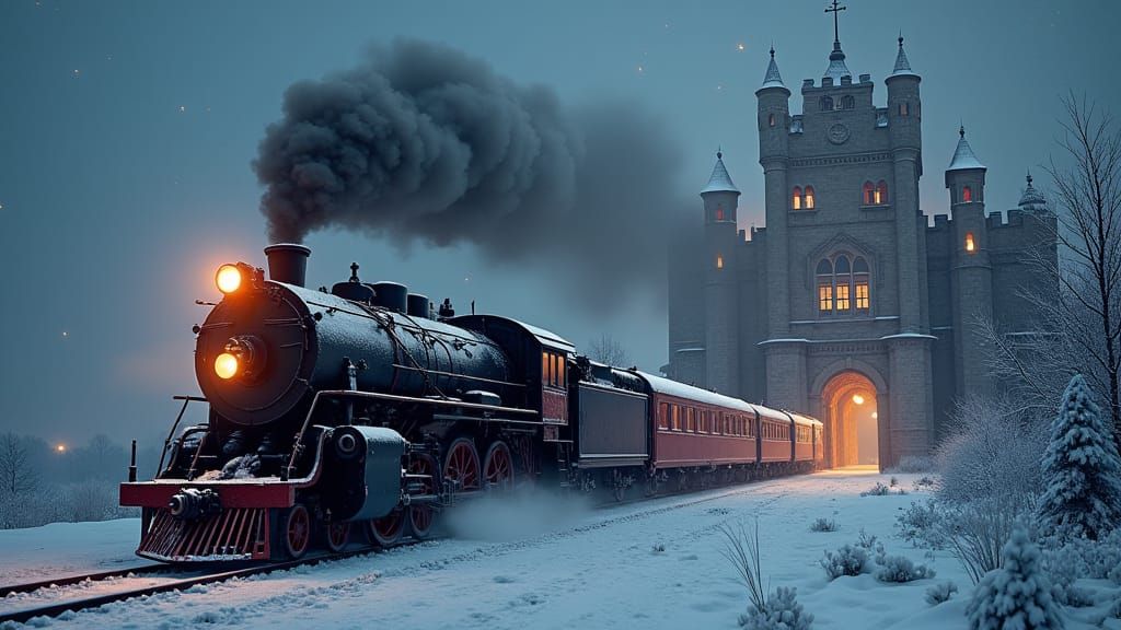 Steam Locomotive and Castle Under Starry Sky