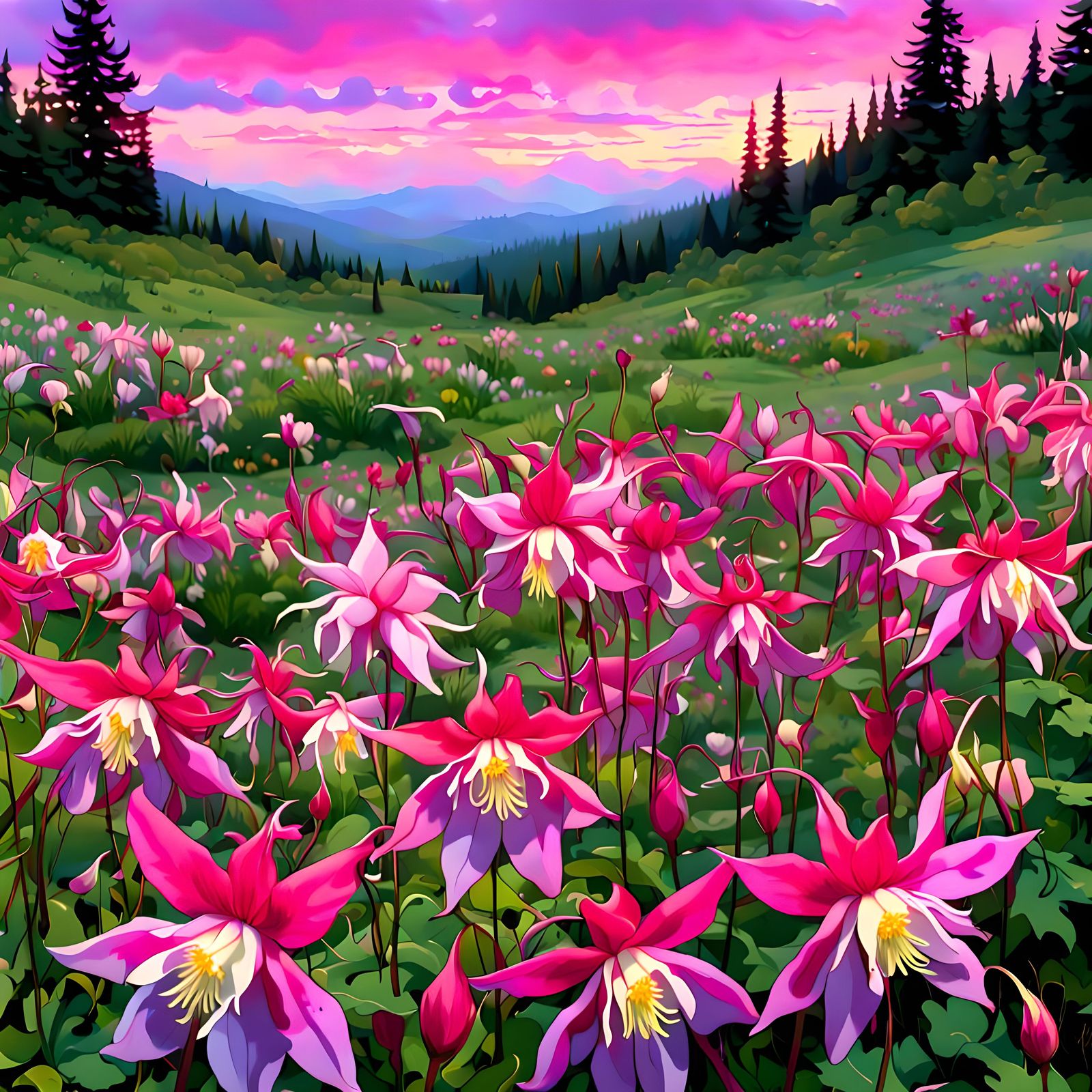 Vibrant Columbine Meadow at Dawn
