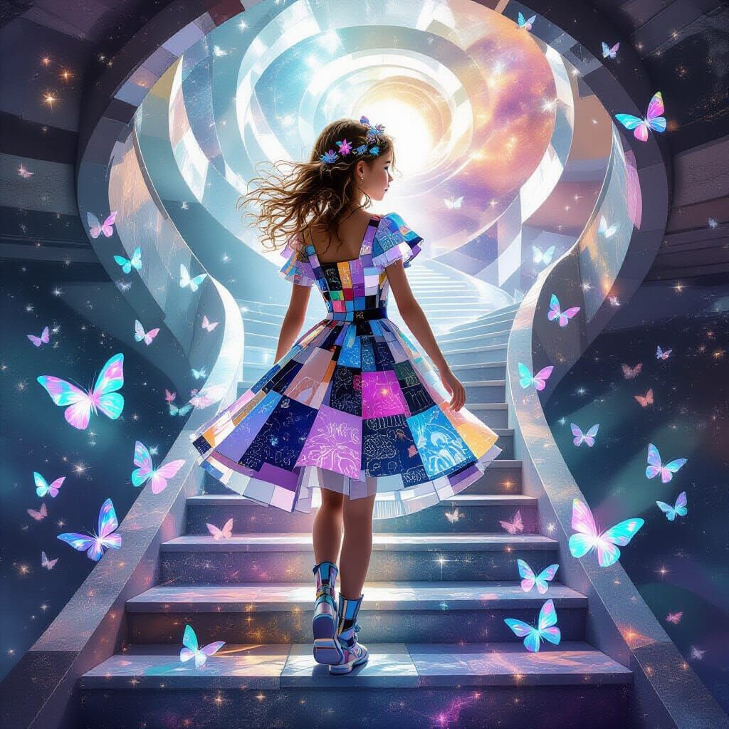 Cyborg Girl on Escher Stairs with Cosmic Nebula