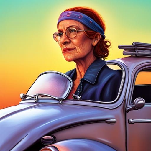Hippie Grandmother in VW Bug: Hyperrealistic Splash Art