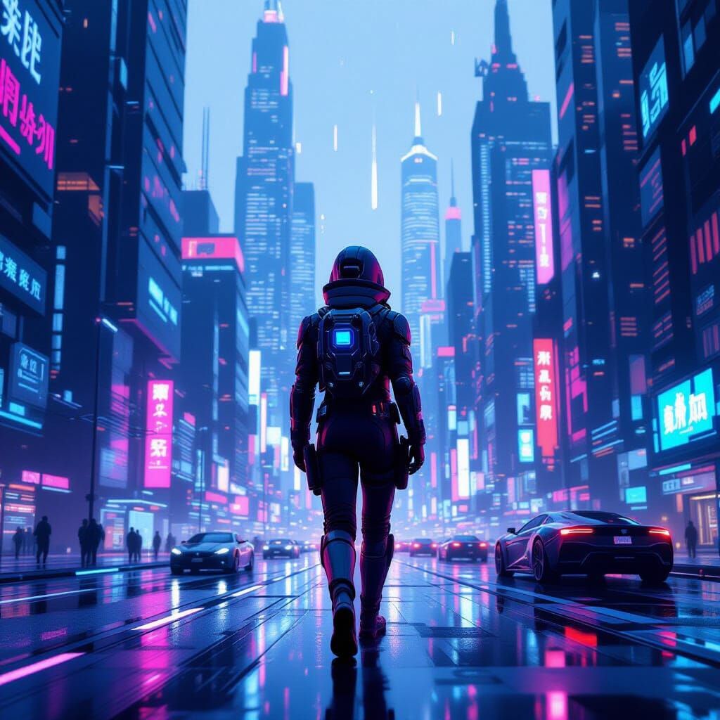 Android in Futuristic Cityscape with Neon Lights