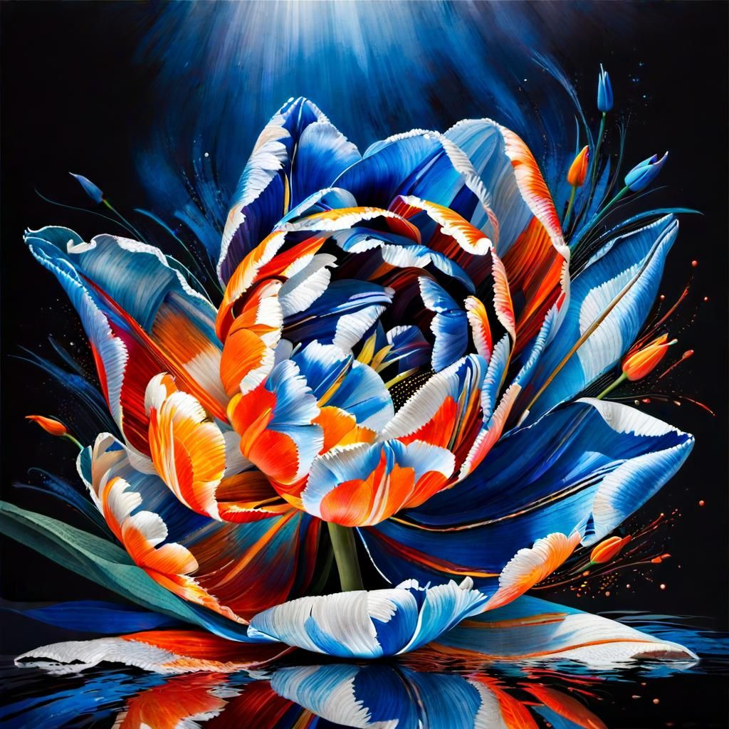 Blue and Orange Tulips in Quilted Blanket Art