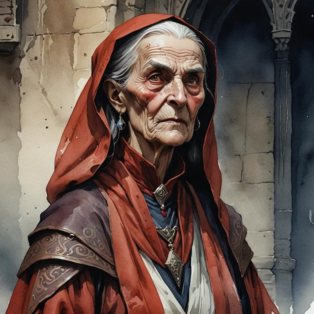 Medieval Noblewoman in Red Robes: Watercolor Concept Art