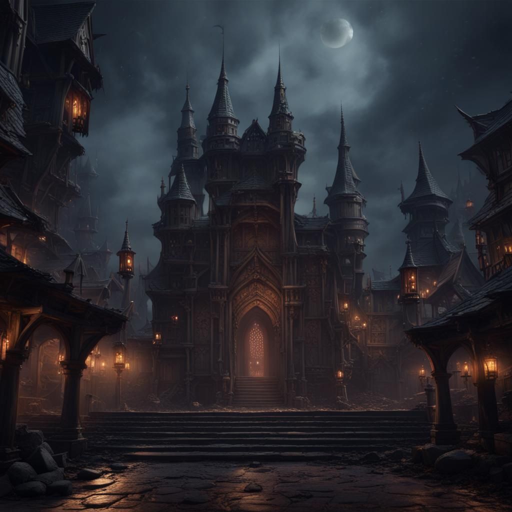 Dark Temple in Medieval Town: Fantasy Concept Art