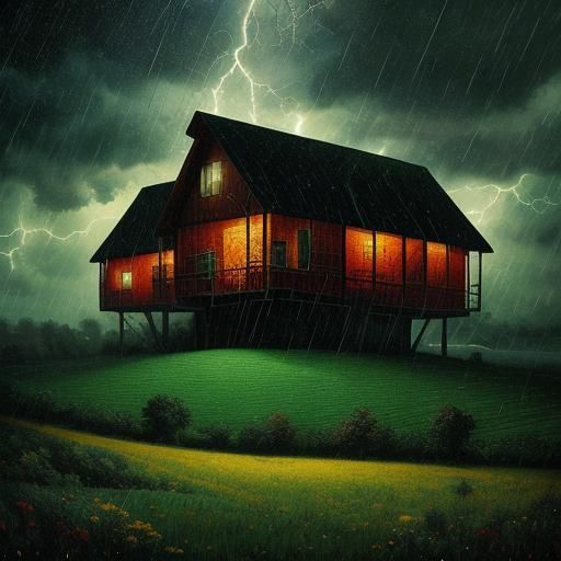 Farm in Thunderstorm: Mixed Media, Detailed Painting