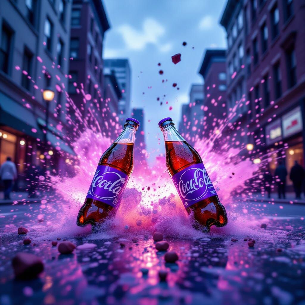 Violet Soda Bottles Explode in City Cataclysm
