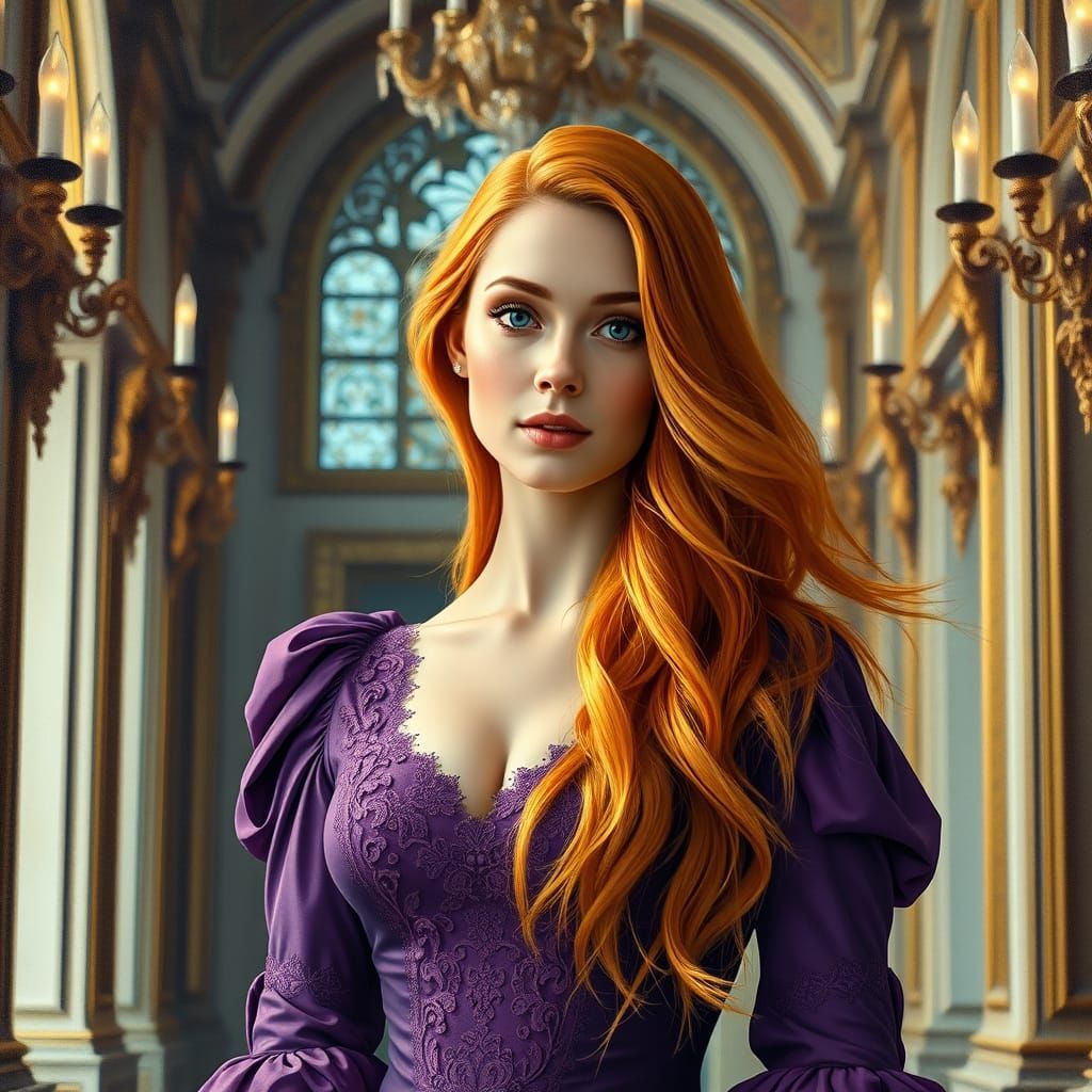 Elegant Lady in Grand Hall, Oil Painting Masterpiece