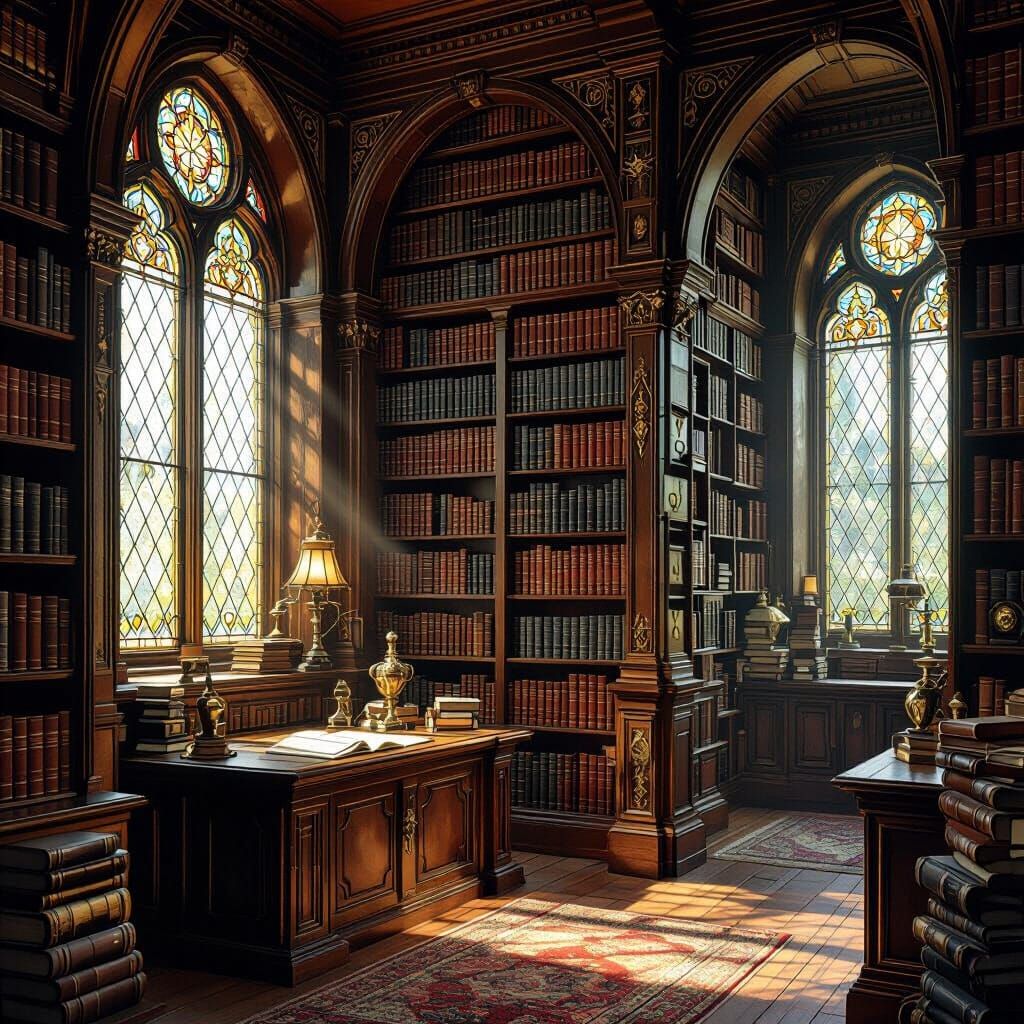 Victorian Library with Ancient Books and Sunlight