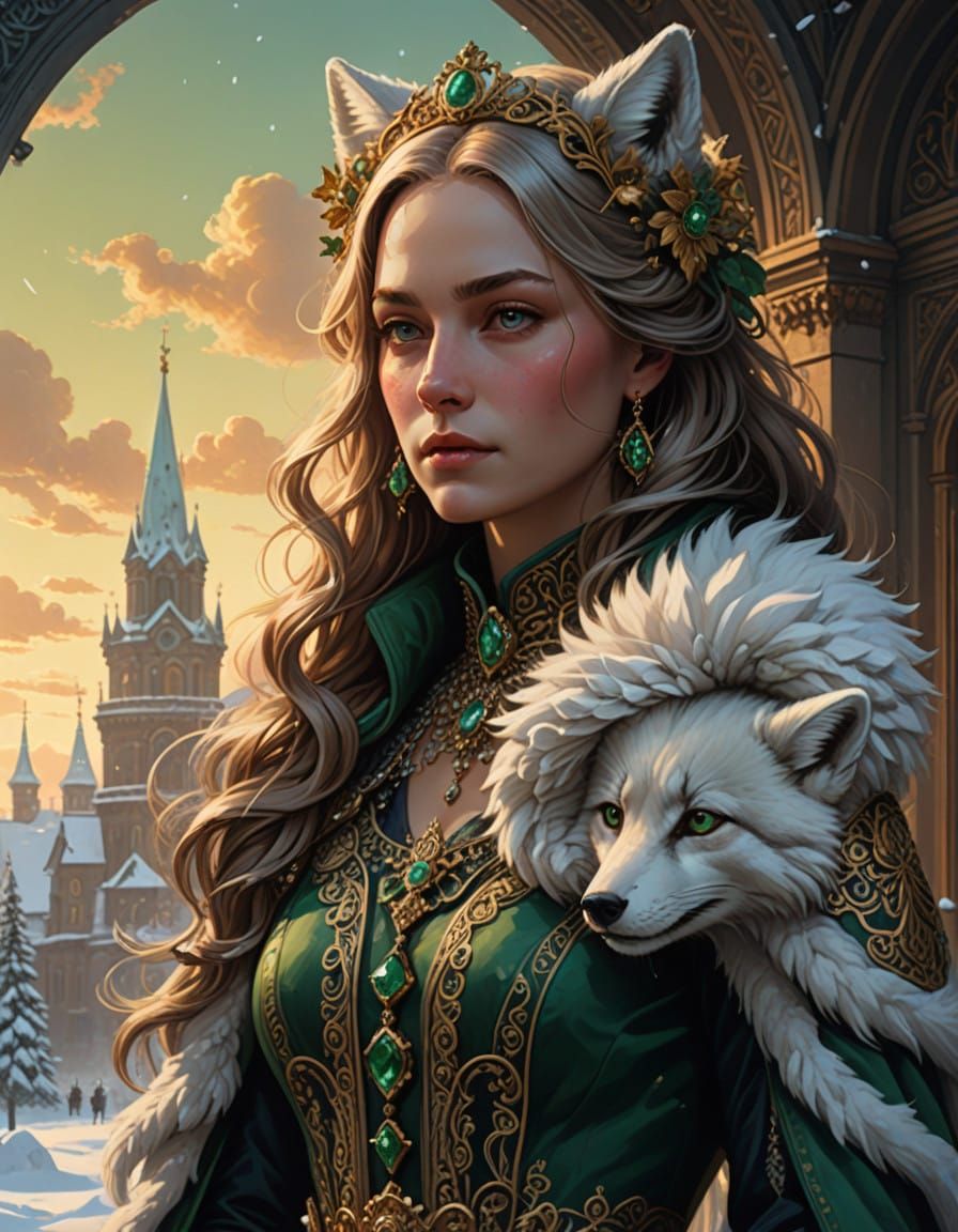 Regal Russian Princess in Winter Wonderland with Snowy Fur a...