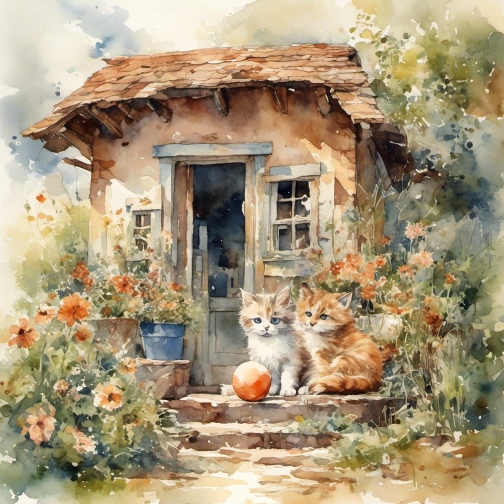 Playful Kitten Unfurls Yarn: Watercolor Art